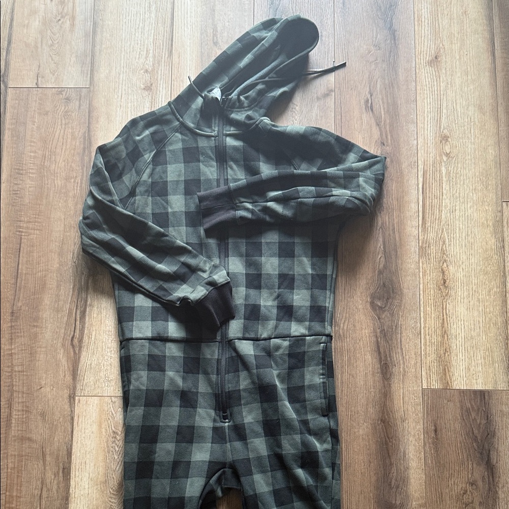 Fabletics Adult Plaid Hooded Footie in Black and Green